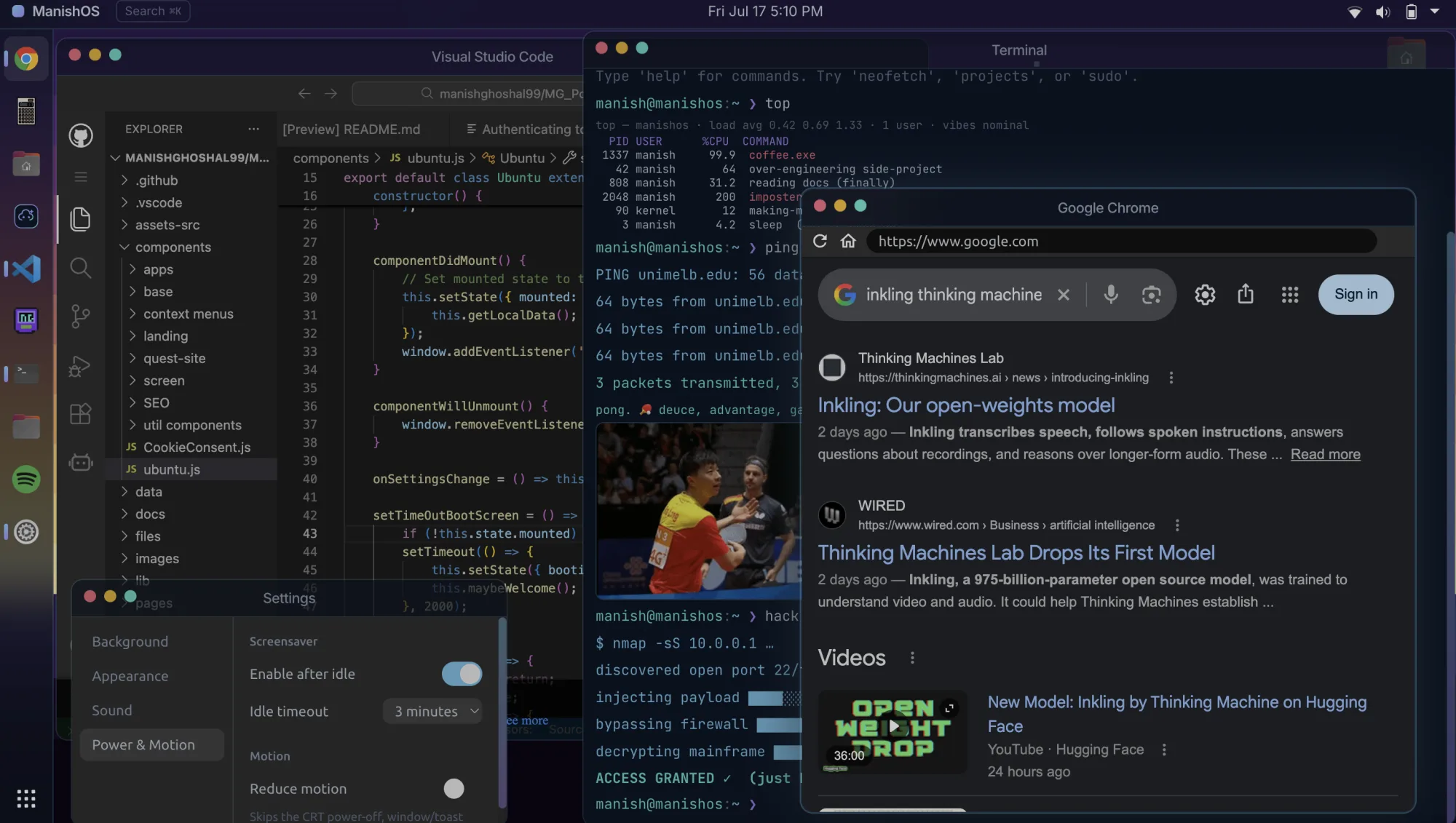 The ManishOS desktop: a window-managed OS with terminal, MGBot assistant, games and easter eggs